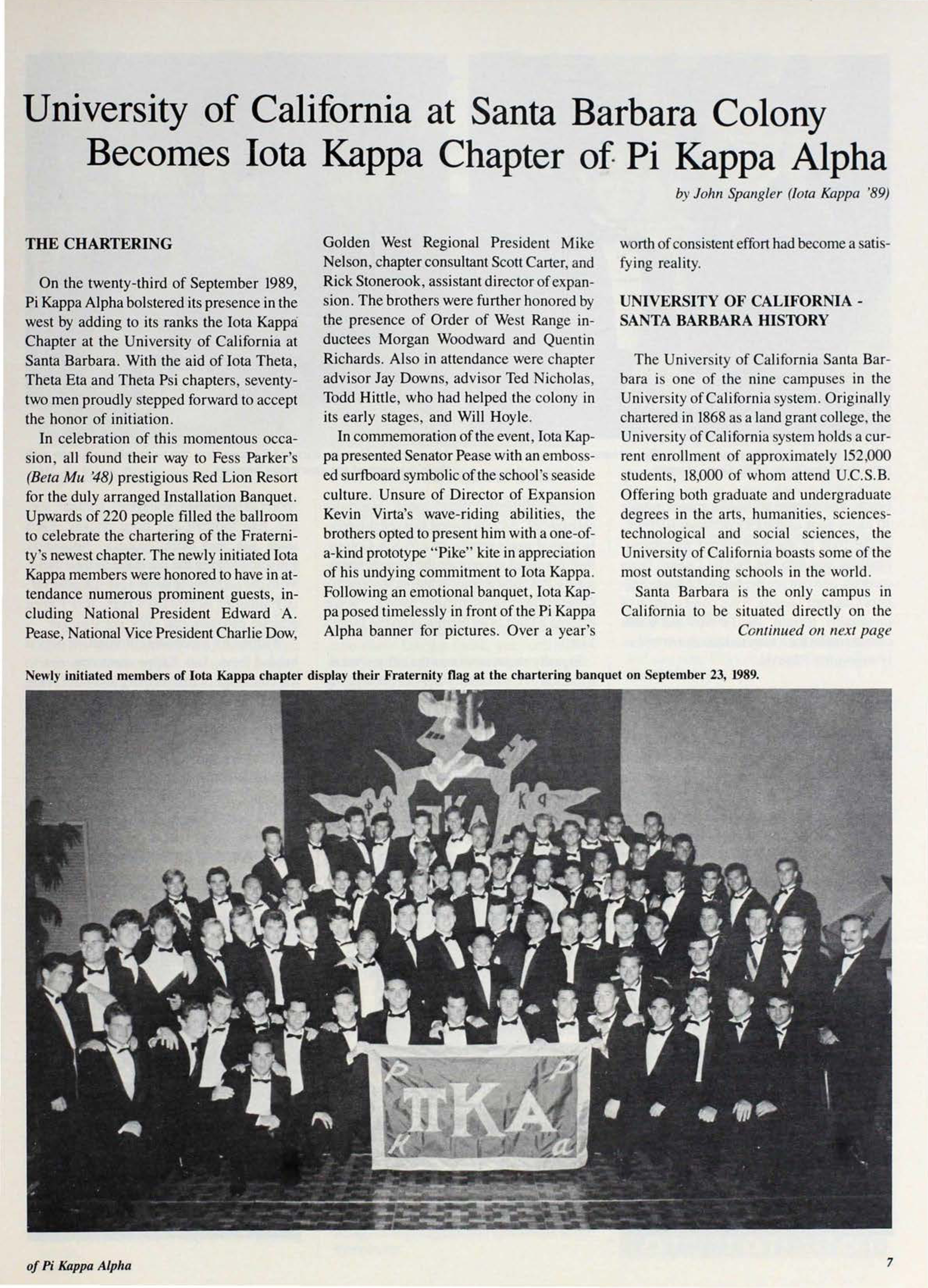 Expansion: University Of California At Santa Barbara Colony Becomes Iota Kappa Chapter Of Pi Kappa Alpha